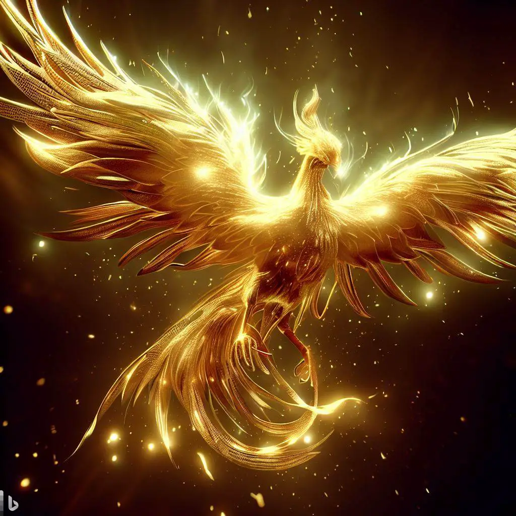 A fantasy creature golden shiny phoenix