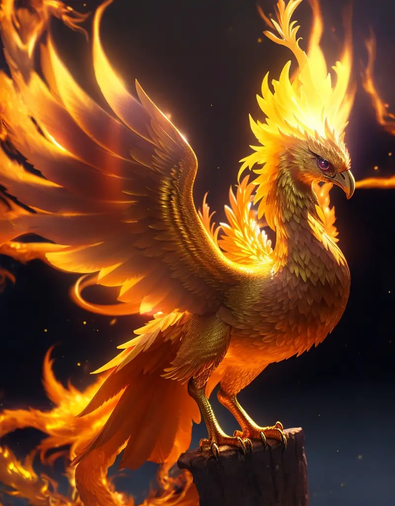 A fantasy creature golden shiny phoenix